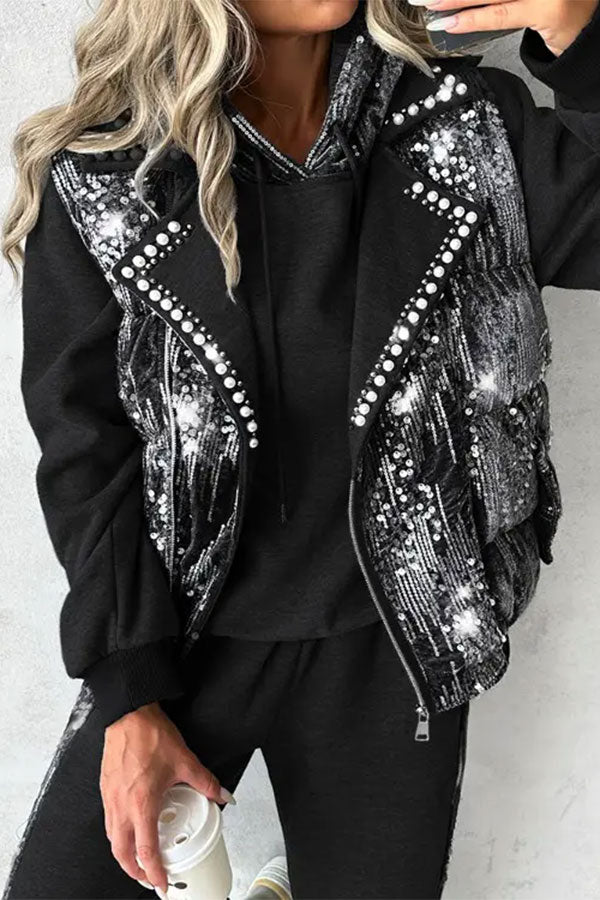 storexq Sequined & Beaded Decor Glittery Cotton-padded Gilet