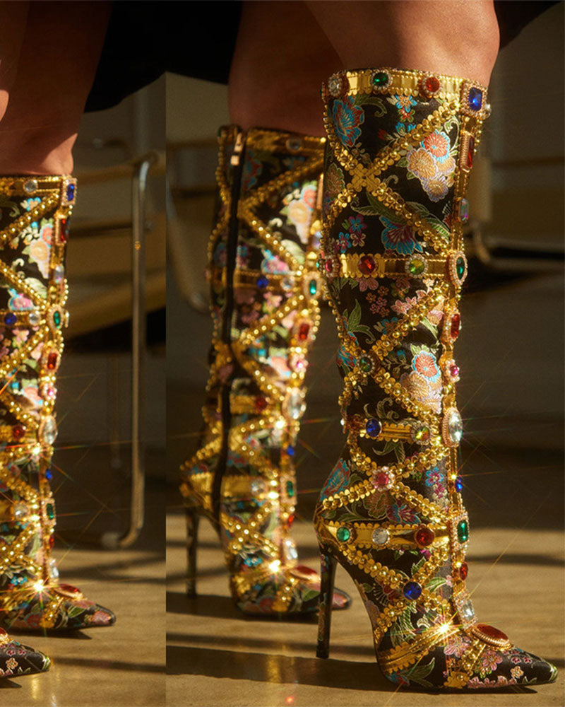 storexq Rhinestone Decor Luxe Patchwork Floral Jacquard Boots