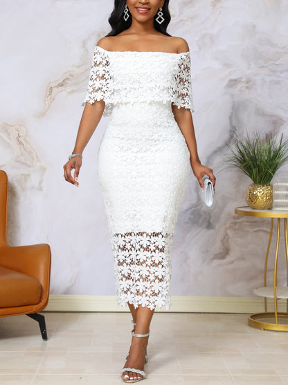 Stunning Floral Applique Off Shoulder Bodycon Midi Dress - Elegant Split Back Lace Design, Party-Perfect Women's Clothing with Flattering Silhouette and Chic Style