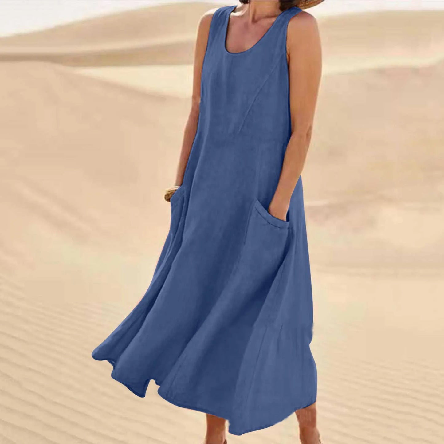 Summer women Casual Dresses pocket sleeveless round neck women's cotton linen dress loose home outdoor skirt cf0 9e0