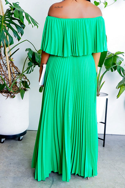 storexq Solid Color Off Shoulder Elegant Pleated Swing Maxi Dress