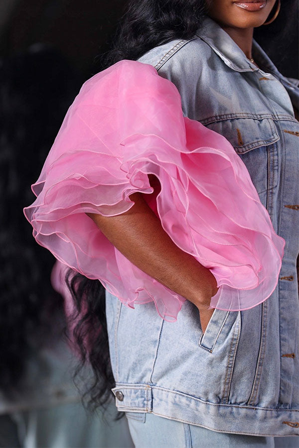 storexq Patchwork Tulle Ruffle Sleeve On-trend Denim Coat