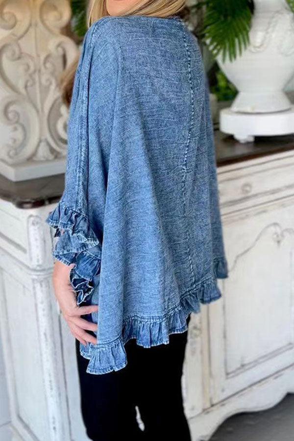 storexq Solid Color Elegant Ruffle Denim Coat