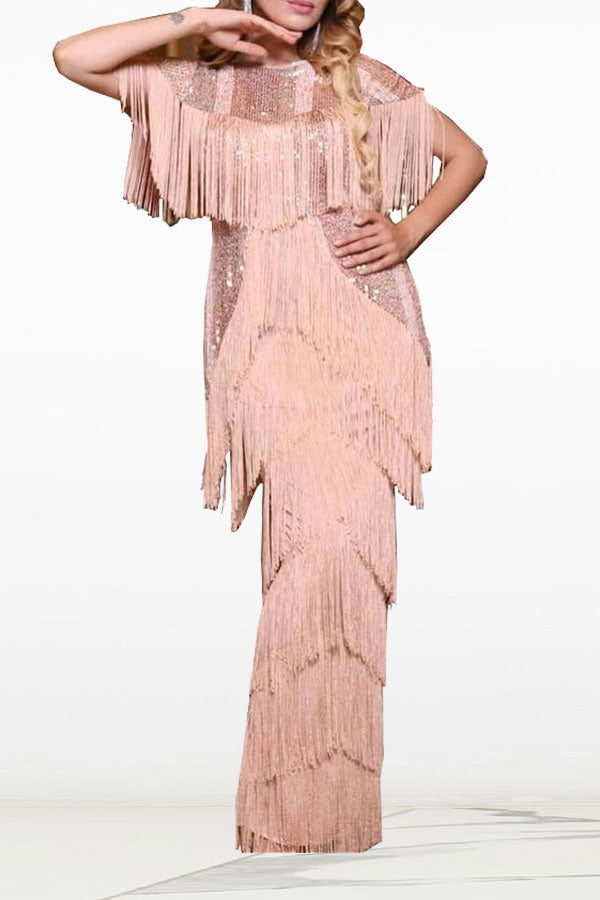 storexq Sequined Party Tiered Tassel Maxi Dress