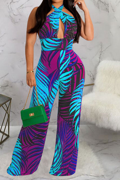 storexq Leaf Print Tropical Backless Lace-Up Jumpsuit