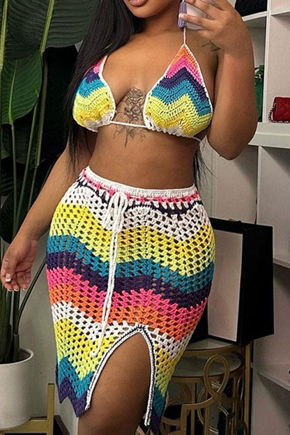 storexq Chevron Colorful Knitted Skirt Suit