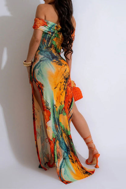 storexq Watercolor Print Off Shoulder Flattering Side Slit Midi Dress