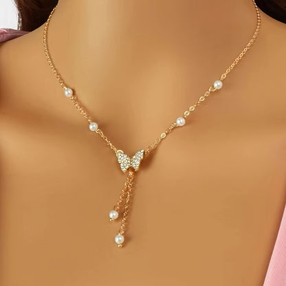 Women Trendy Faux Pearl Butterfly Clavicle Chain, Creative Necklace, Party Wedding Banquet Jewelry