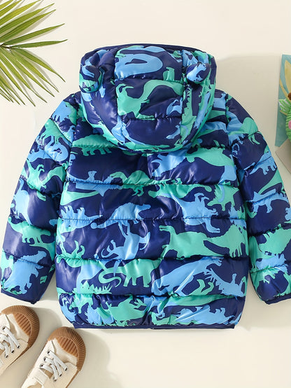 Toddler Boy Dinosaur Pattern Hooded Padded Jacket