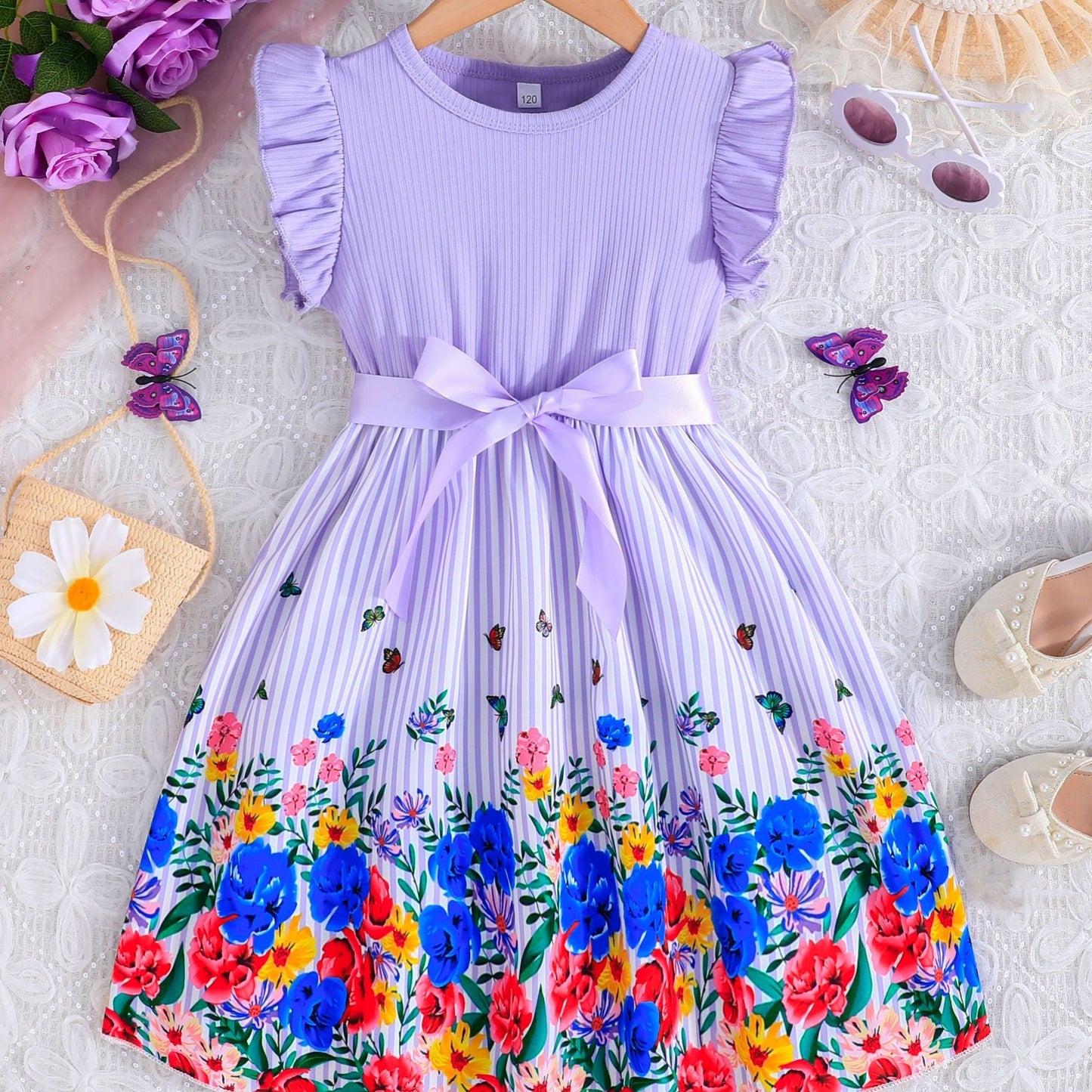 Adorable Girls Floral Butterfly Graphic Dress with Playful Ruffles - Comfortable Straps for Summer Holidays & Parties - Perfect Gift Idea