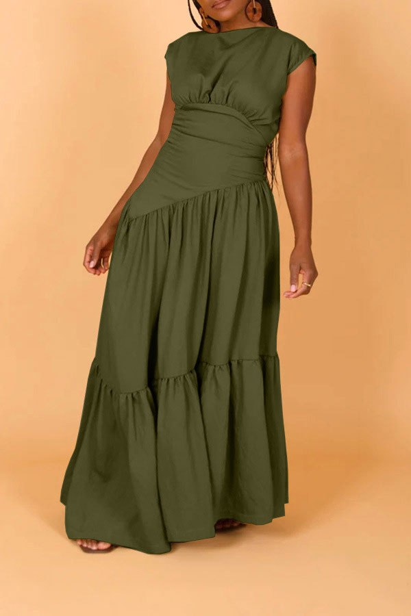 namcoverse Solid Color Modern Tiered Ruffle Maxi Dress