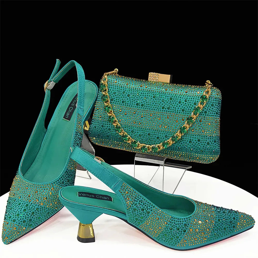 Doershow come Matching Women Shoe and Bag Set Decorated green Nigerian Shoes Italy set HAS115 240615