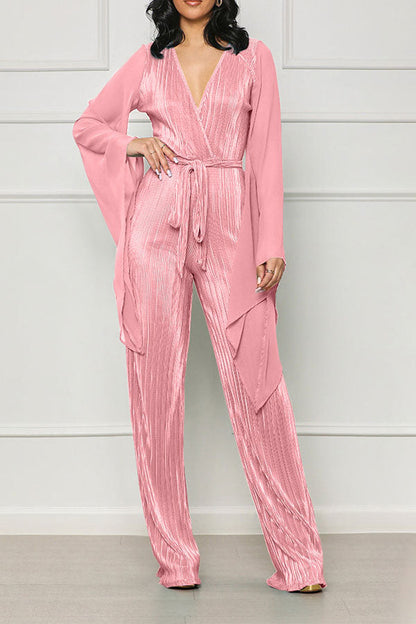 storexq Solid Color Chic Belted Pleated Jumpsuit