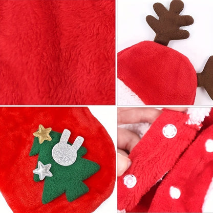 1pc Festive Christmas Dog Costume with Hood - Red Knit Polyester Pullover with Snap Button Closure - Medium Breed - Reindeer Antlers & Green Tree Design - Winter Holiday Apparel for Small to 2XL Dogs