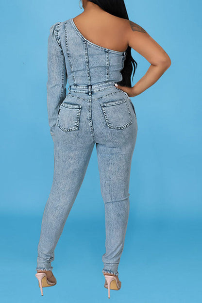 storexq Denim One Shoulder Modern Jumpsuit