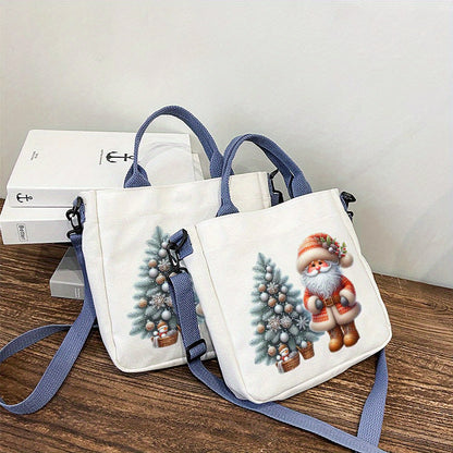 1pc Festive Canvas Christmas Handbag for Women, Santa and Tree Print, Detachable Shoulder Strap, Multi-Use Tote, Messenger, Shoulder Bag with Buckle Closure