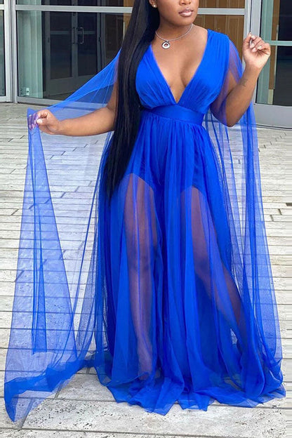 storexq Solid Color Deep V Neck Stylish High Split Maxi Dress