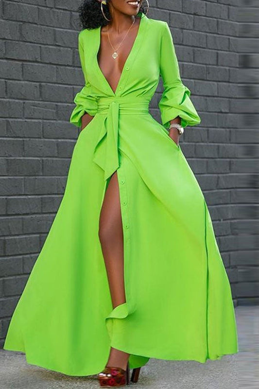 storexq Solid Color On-trend Deep V Neck Belted Maxi Dress