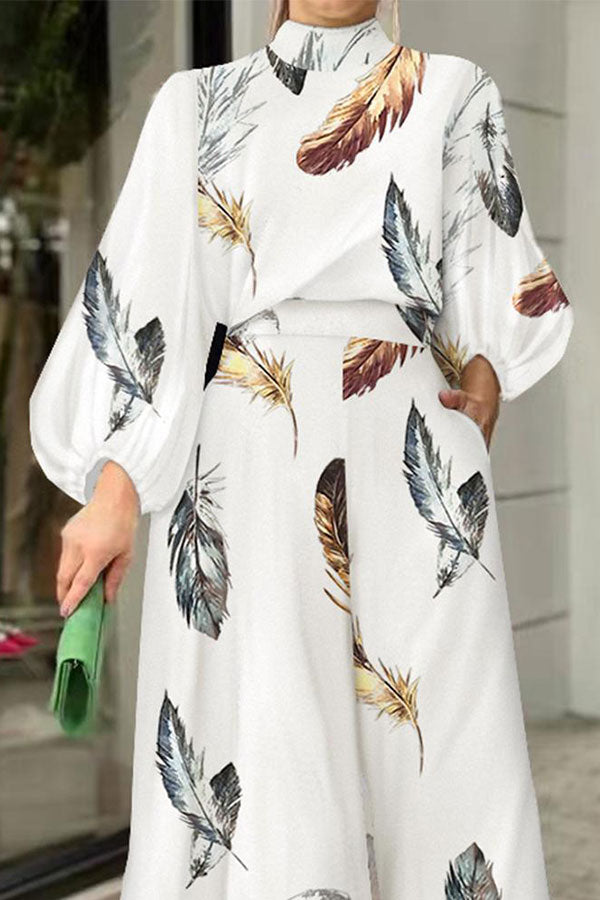 storexq Feather Print Chic Tie Back Wide Leg Jumpsuit