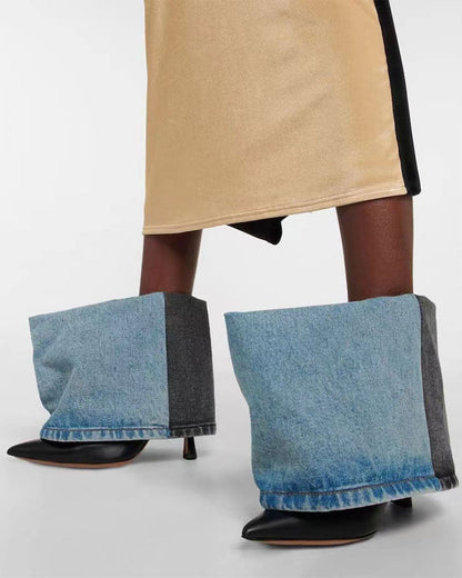 storexq Unique Fold Over Ankle Denim Boots