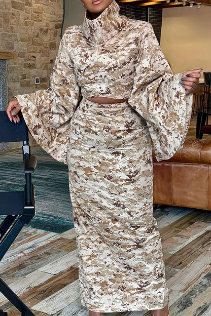 storexq Camouflage High Neck Unique Skirt Suit