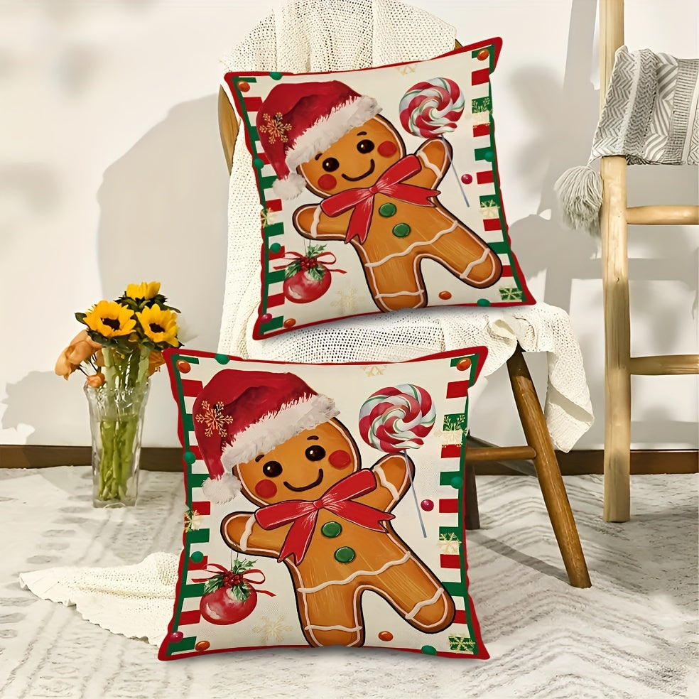 2pcs Festive Christmas Throw Pillow Covers - Gingerbread & Candy Cane Designs, Perfect for Holiday Home & Dining Decor, Machine Washable Linen, Multiple Sizes (16x16/18x18/20x20)