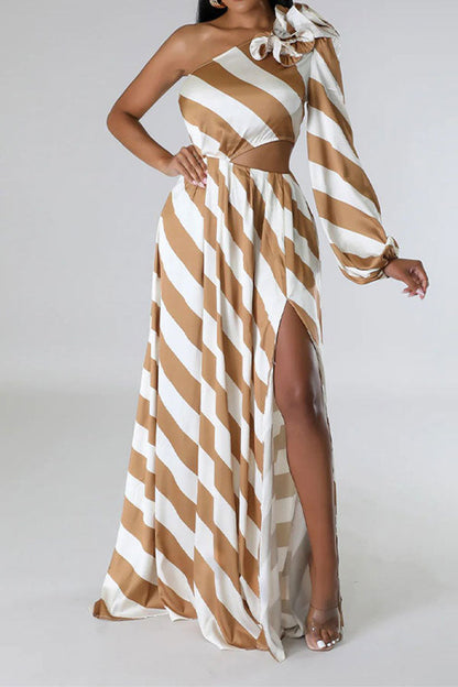 storexq 3D Flower Decor Ripple Print Modern Asymmetric Maxi Dress
