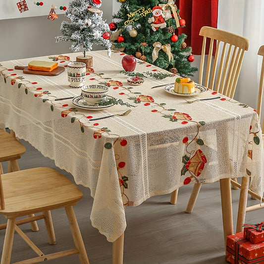 1pc Vibrant Red Floral Bell Polyester Tablecloth - Waterproof, Stain-Resistant, Machine Washable, Square-Shaped, Woven Table Cover for Christmas Decor, Holiday Desktop Decoration, and Home Decoration - Durable, Easy-to-Clean, and Reusable Fabric Table Clo