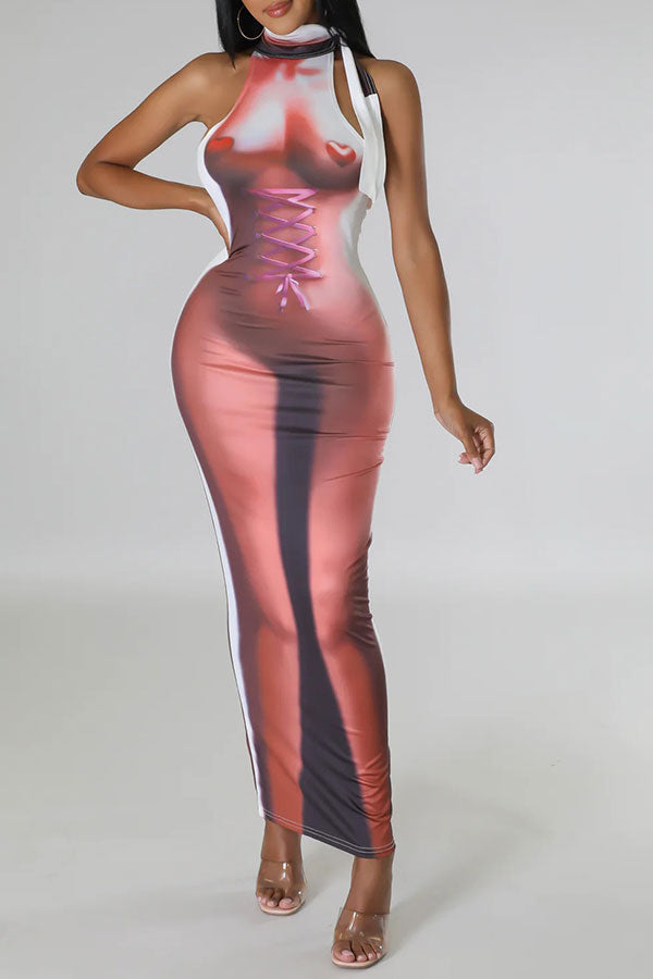 storexq Artistic Body Print Striking Bodycon Midi Dress