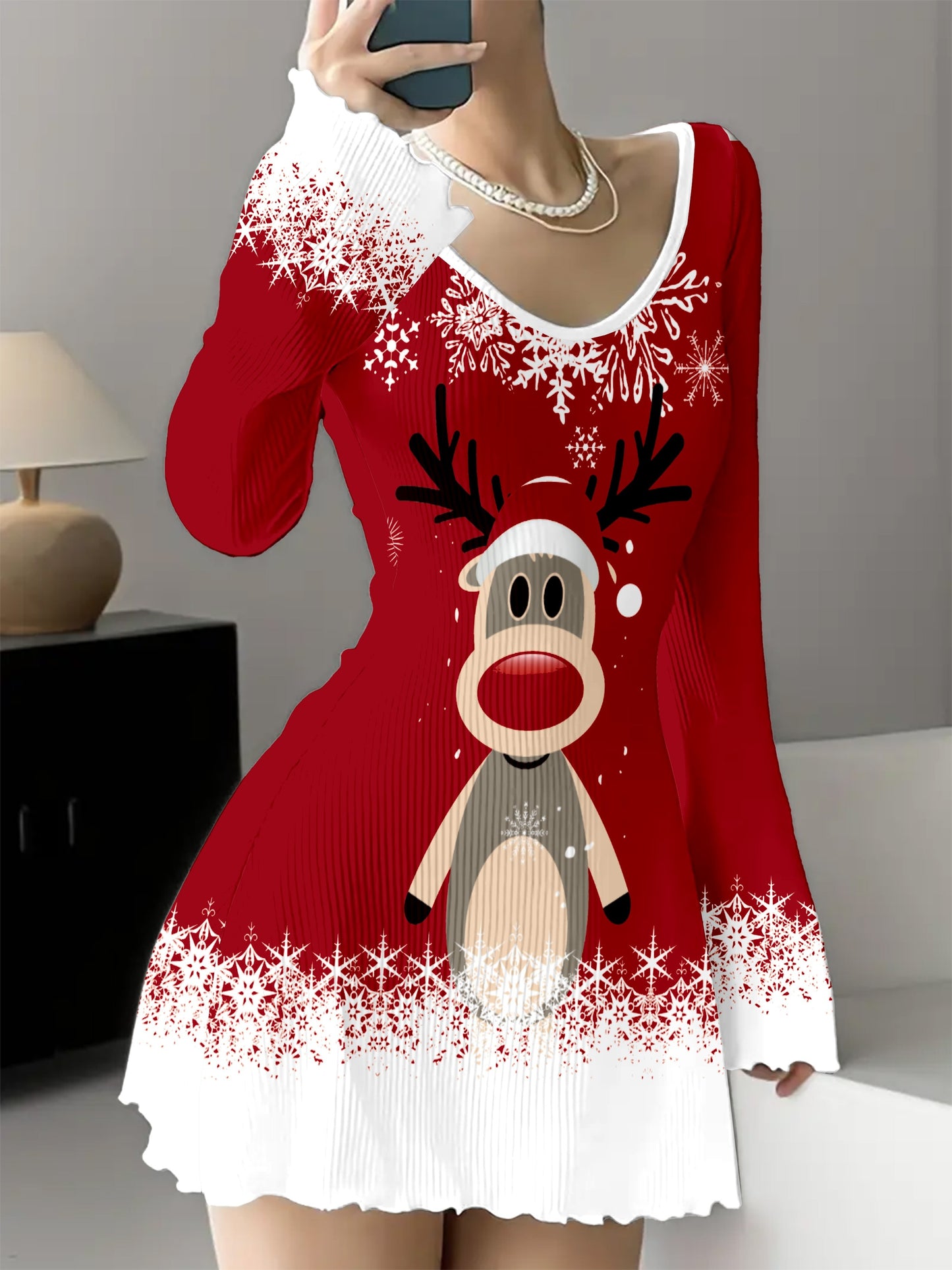 Women'S Christmas Reindeer Print Dress - V-Neck, Short Sleeve, A-Line Skirt, Polyester, No Bra Pad, Asymmetrical, All-Season Fashion Dress