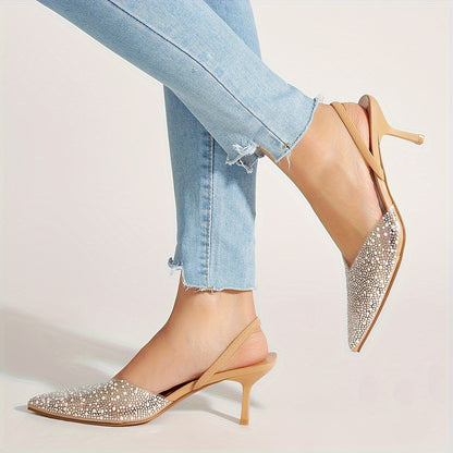 Elegant High Heel Stiletto Slingback Pumps - Breathable Pointed Toe Shoes with Rhinestone Decor, PVC Upper, Rubber Sole, Synthetic Leather Insole - Perfect for Summer Going Out and Fashion Events