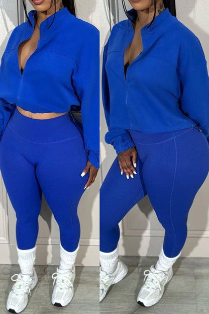 storexq Solid Color Sporty Zipper Pant Suit