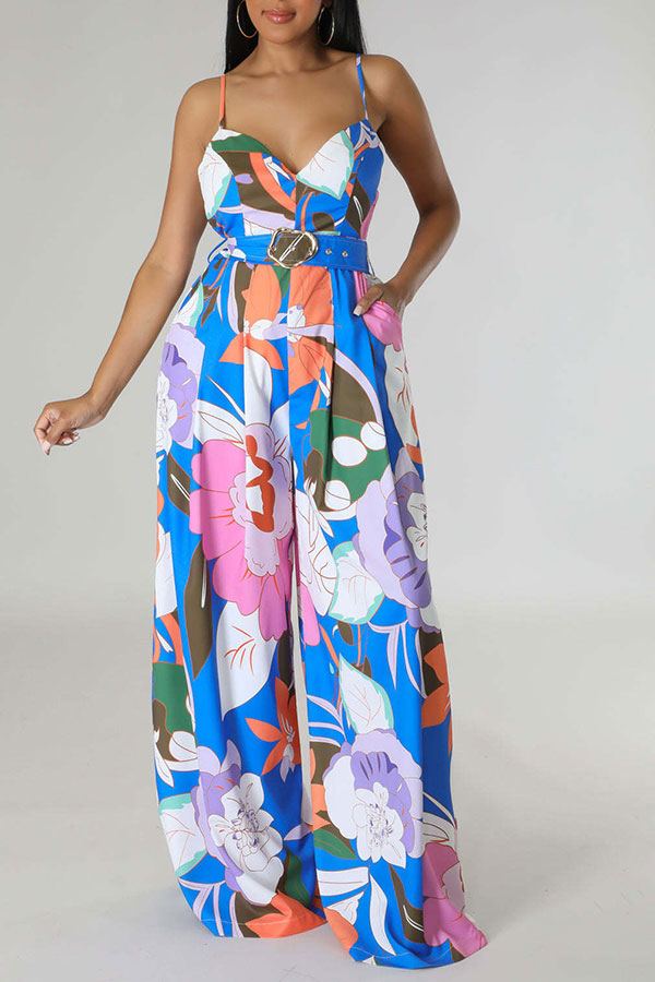 storexq Flower Print Smart Belted Wide Leg Jumpsuit