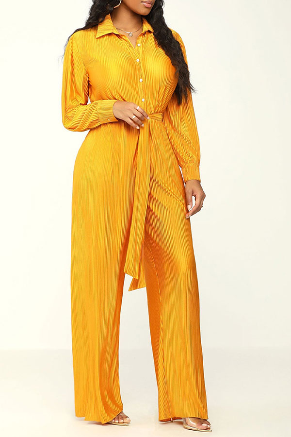 storexq Solid Color Classic Belted Pleated Jumpsuit