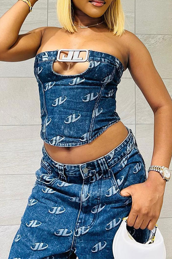 storexq Abstract Print Bandeau Retro Denim Pant Suit