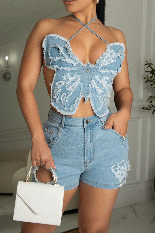 storexq Butterfly Shape Girly Crop Denim Vest