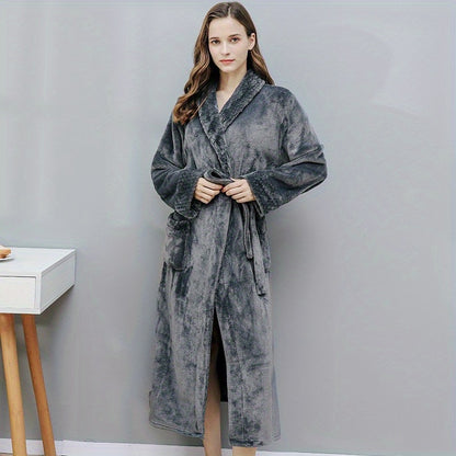 1pc Autumn And Winter Bathrobe, Soft And Skin-friendly Long Sleeve Bathrobe, Thickened Nightgown With Pocket, Warm Long Robe For Home, Bathroom Supplies