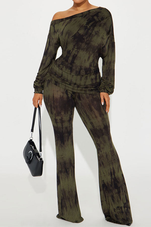 storexq Splash Ink Print Slash Neck Modern Ruched Pant Suit