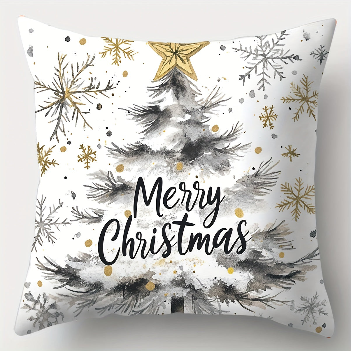 Contemporary 4-Pack Christmas Throw Pillow Covers 17.7" - Polyester, Zippered, Machine Washable, Festive Golden & Gray Print for Living Room Decor - Snowman, Trees, Winter Designs, Woven Pillowcases (No Pillow Core)