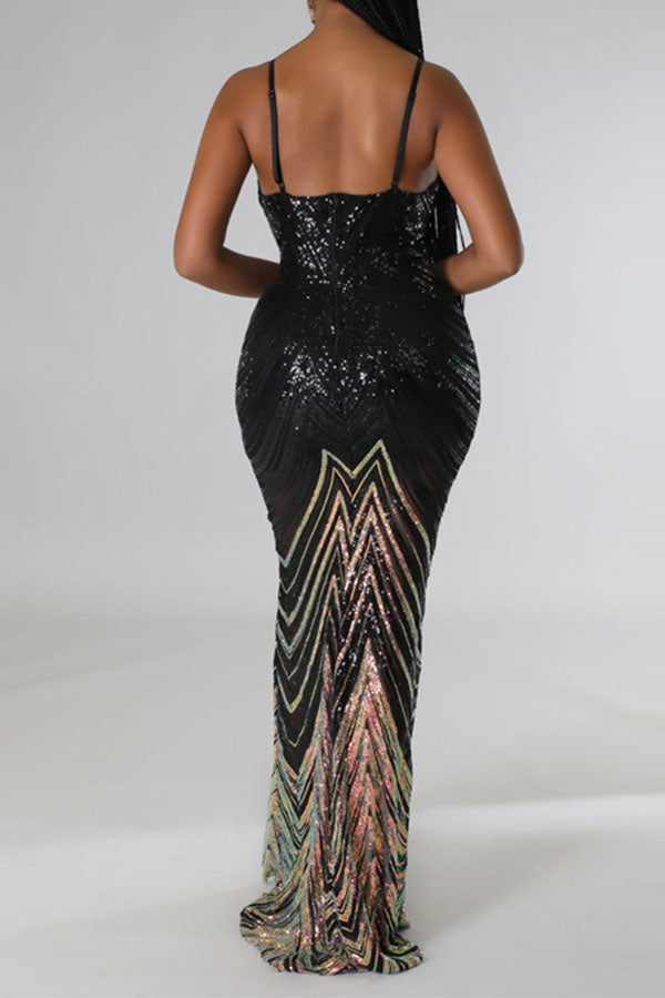 storexq Hit Color Sequined Striking Spaghetti Strap Maxi Dress