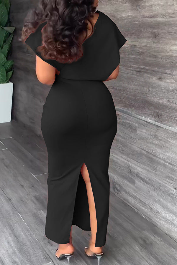 storexq Solid Color Feminine High Split Midi Dress