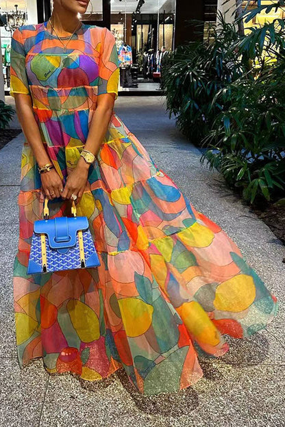 storexq Graphic Print Colorful Tiered Ruffle Maxi Dress