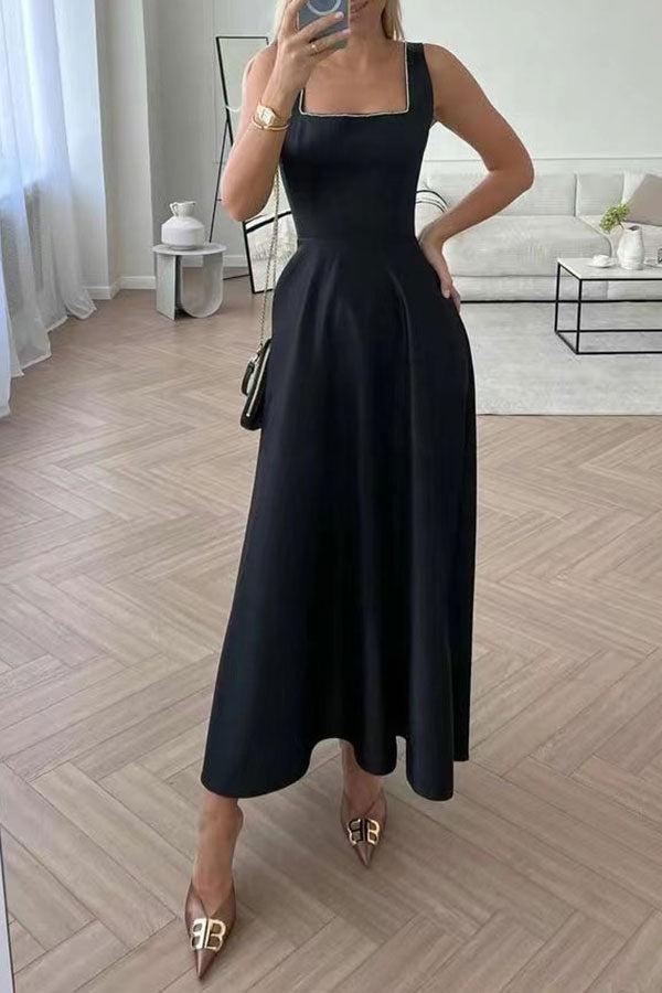 storexq Solid Color Simple Swing Pleated Midi Dress