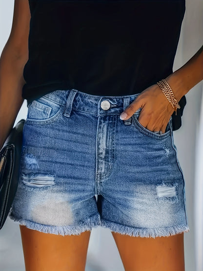 Fashion-Forward Womens Ripped Denim Shorts - Distressed Raw Hem, Trendy Washed Finish, Strategic Ripped Holes, Practical Slash Pockets - Premium Denim Casual Pants for Stylish Wardrobe