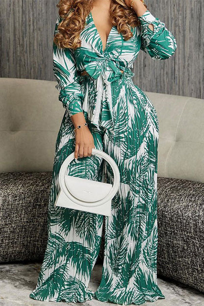 storexq Leaf Print Chic Lace-Up Wide Leg Pant Suit