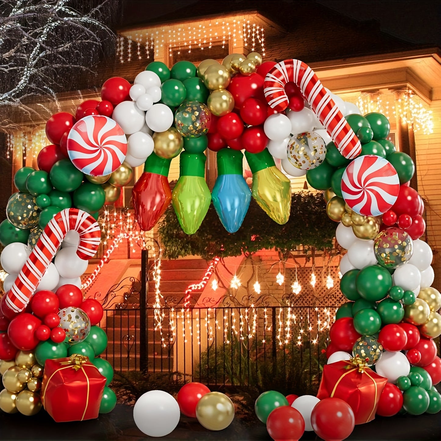 125pcs Christmas Balloon Garland Kit - Festive Red, Green & Golden Latex with Light Bulb & Candy Accents for Holiday Parties and New Year's Eve Decorations