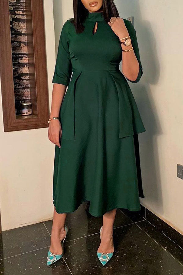 storexq Solid Color Commuting Mock Neck Midi Dress