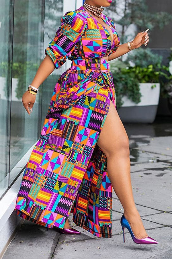 storexq Geometric Print Colorful Twisted High Split Dress Suit