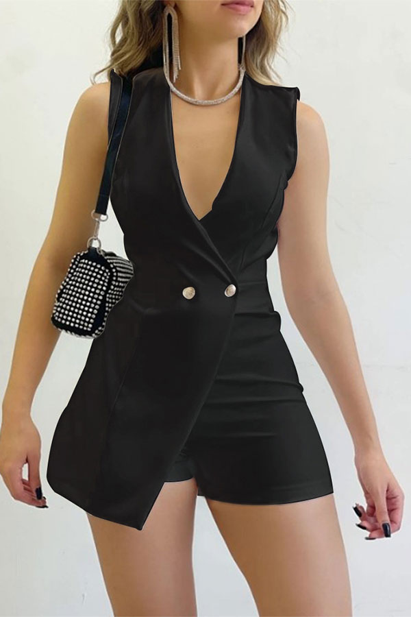 storexq Solid Color V Neck Commuting OL Irregular Romper