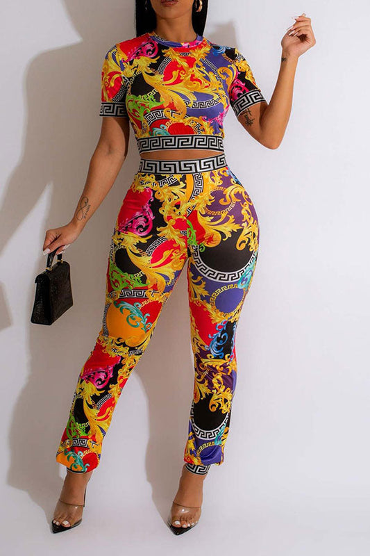 storexq Gold Retro Floral Print Patchwork Casual Pant Suit